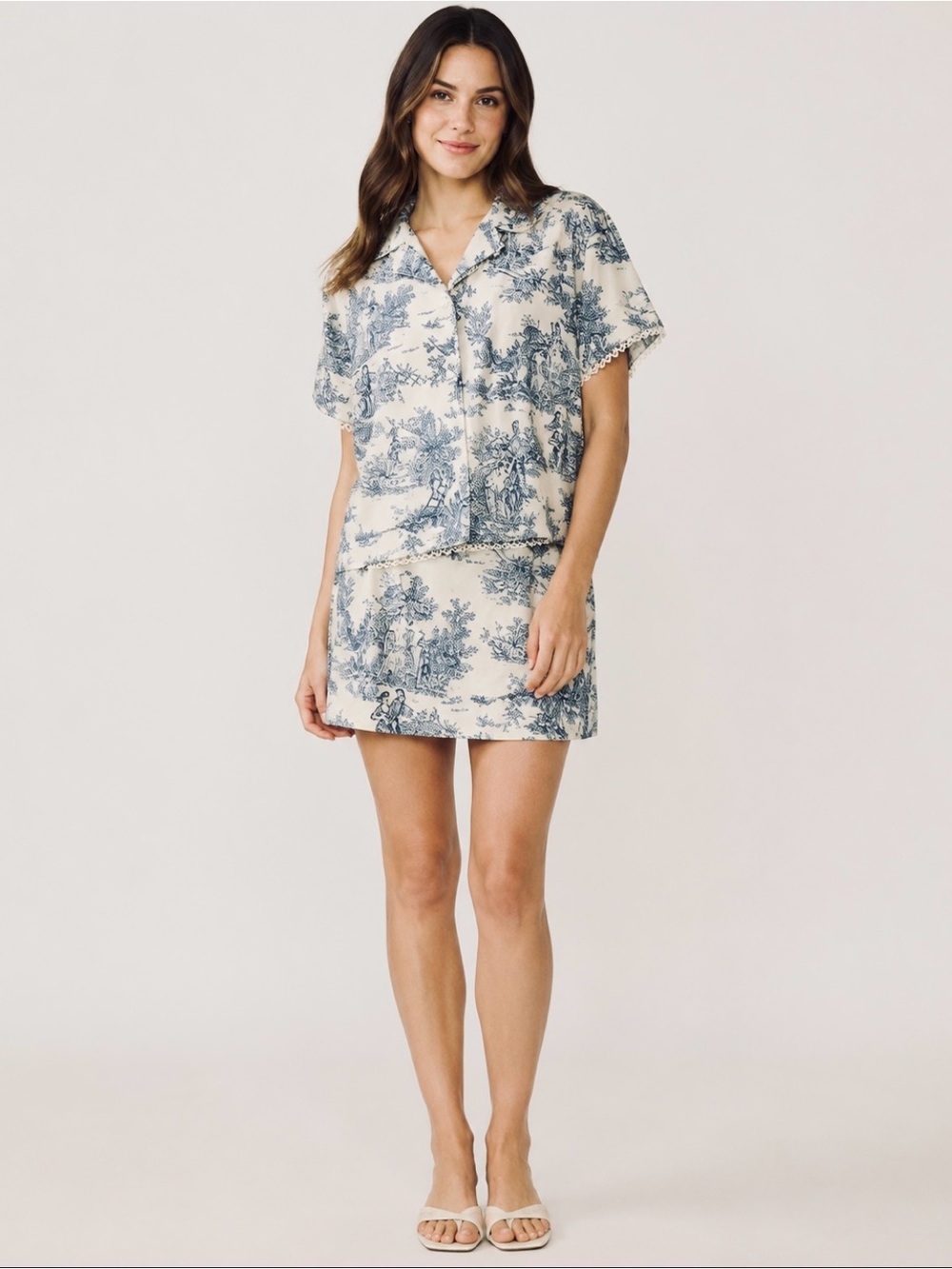 NWT Cider Womens L Blue White Toile 2 Piece Shirt Skirt Set Button Front